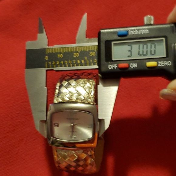 Women's Vernier Cuff Analog Wristwatch Silver Case Woven Silver & Rose Gold Band - Picture 6 of 7